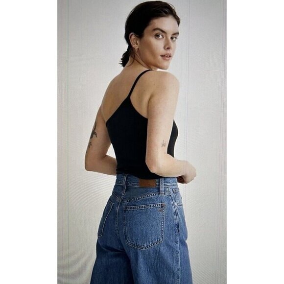 Madewell One Shoulder Crop Tank Top in Sleekhold Rib Knit Black Size XS - Picture 2 of 7